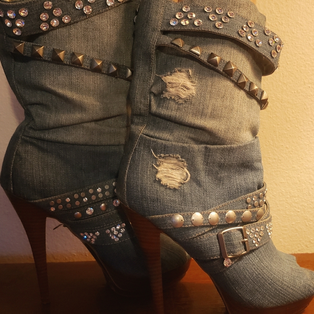 Denim, rhinestone stelleto boots